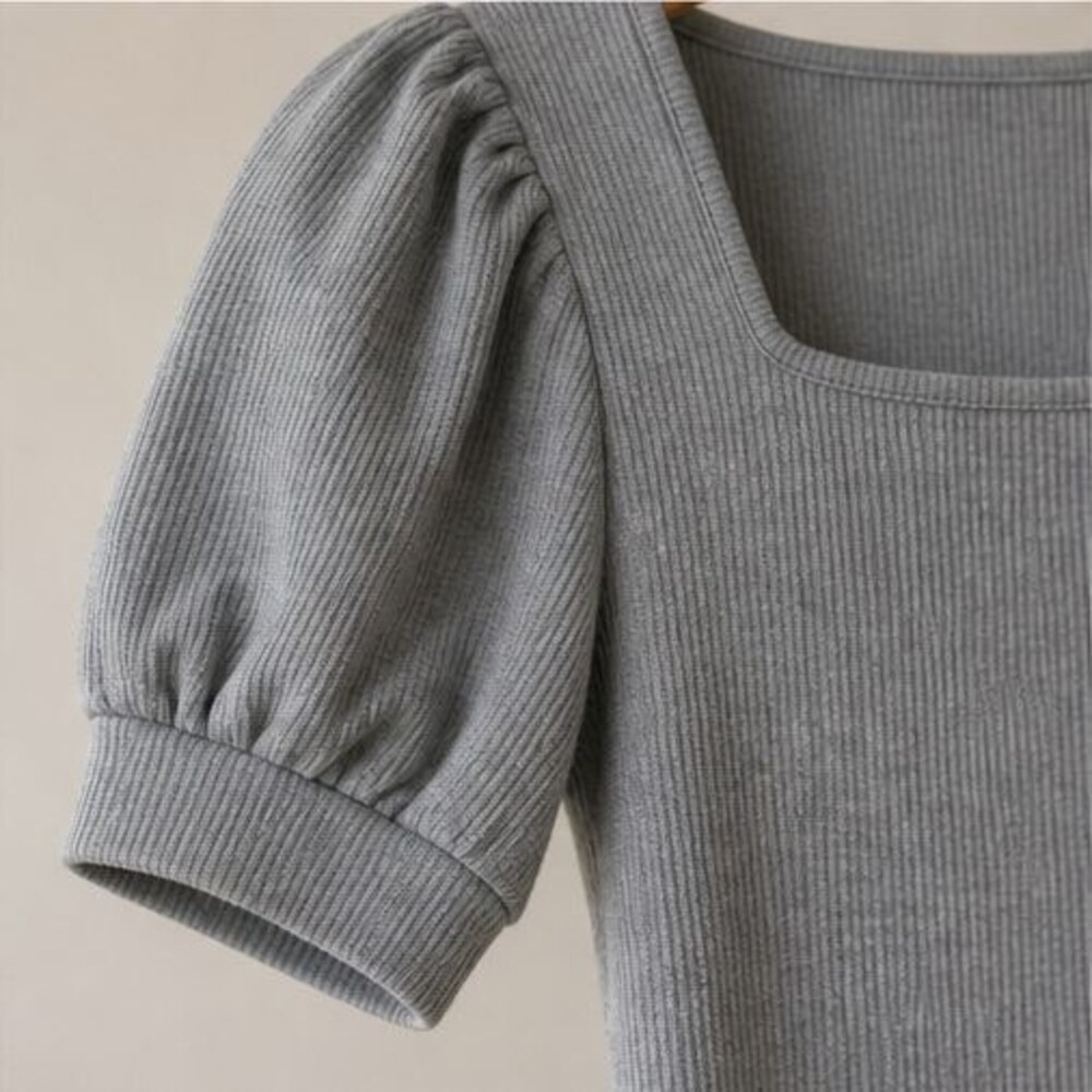 Gray Ribbed Square Neck Top - Picture 5 of 6